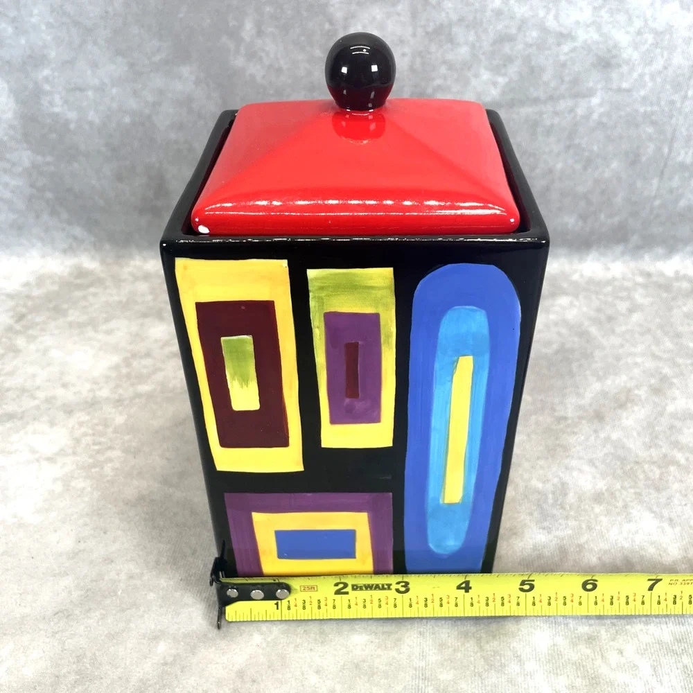 Mary Naylor Designs Modern Ceramic Canister Red Lid Hand Painted Abstract 7x4.5